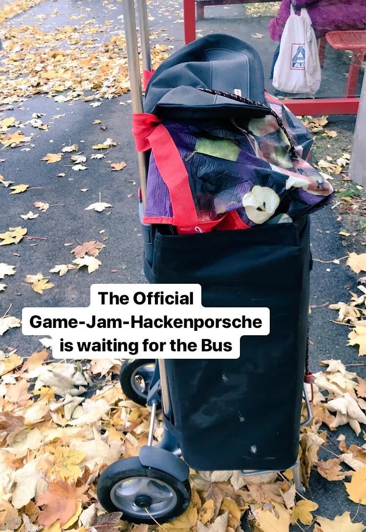 Ein Einkaufstrolly steht randvoll gepackt mit undefiniertem Inhalt an einer Bushaltestelle im Laub. Darüber ein Text: 'The offcial Game-Jam-Hackenporsche is waiting for the Bus'